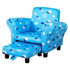 HOMCOM Cute Cloud Star Child Armchair Mini Seat Wood Frame w/ Footrest Padding Anti-Slip Legs High Back Arms Bedroom Playroom Furniture Accessory Blue