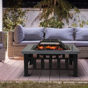 Outsunny Square Metal Fire Pit With Waterproof Cover-Black/Grey