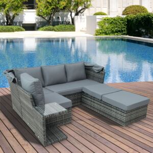Outsunny 5 PCS Outdoor Garden Rattan Wicker Sofa Sets Adjustable Canopy & Side Table Dining Table Set Sectional Furniture w/ Cushions, Mixed Grey