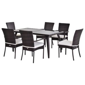 Outsunny Brown Rattan Garden Furniture Dining 7 pcs Set 6 Wicker Weave Chairs & Tempered Glass Top Table Seater W/ Cushion