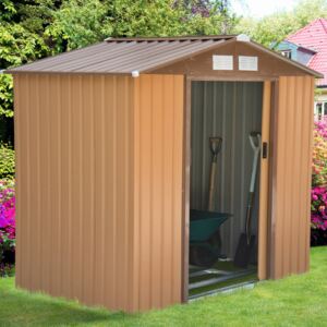 Outsunny Lockable Garden Shed Large Patio Roofed Tool Metal Storage Building Foundation Sheds Box Outdoor Furniture (7ft x 4ft, Khaki)