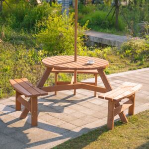 Outsunny Round Table W/3 Attached Benches-Fir Wood