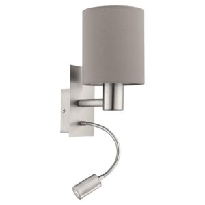 Eglo 96478 Pasteri Two Light Wall Light In Satin Nickel With Taupe Fabric Shade And LED Light