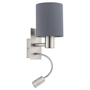 Eglo 96479 Pasteri Two Light Wall Light In Satin Nickel With Grey Fabric Shade And LED Light