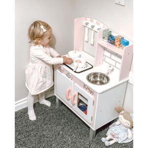 HOMCOM Kids Kitchen Play Kitchen with Realistic Sound for Boys and Girls Role Play Kitchen with Storage Space Kitchen Playset Pink