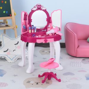 HOMCOM Kids Pretend Play Plastic Vanity Table Set w/ Sound Effect Pink