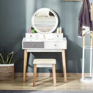 HOMCOM Makeup Vanity Table Set with Round Mirror, Built-in 3 Color LED Light, Dressing Desk with 4 Drawers and Cushioned Stool for Bedroom, Grey
