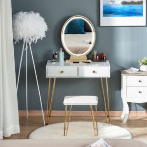 HOMCOM Makeup Vanity Table Set with Round Mirror, 3 Color LED Light, Dressing Desk with 2 Drawers and Cushioned Stool for Bedroom, White
