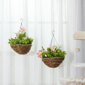 Outsunny Pack of 2 Artificial Clematis Flowers Hanging Planter Basket for Indoor Outdoor Decoration
