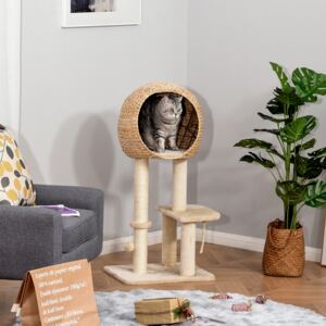 PawHut Cat tree Tower 100cm Climbing Activity Center with Sisal Scratching Post Condo Perch Hanging Balls Teasing Rope Toy Cushion Cattail Fluff