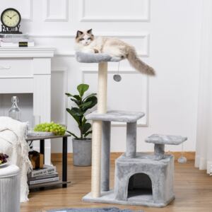 PawHut Cat tree Tower 114cm Climbing Activity Centre Kitten with Sisal Scratching Post Perch Hanging Ball Condo Toy Light Grey