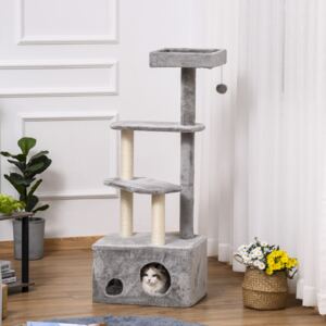 PawHut Cat Tree Kitten Tower 4-level Activity Centre Pet Furniture with Sisal Scratching Post Condo Plush Perches Hanging Ball Toys Grey