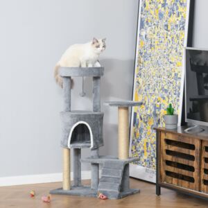 PawHut 100cm Cat Tree Tower Condo Multi Platform Kitty Cat Center with Climbing Ladder Scratching Post Hanging Toy Ball, Light Grey