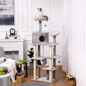 PawHut Cat tree Tower 179cm Climbing Activity Centre Kitten with Jute Scratching Post Pad Condo Perch Hanging Balls Tunnel Teasing Rope Toy Dark Grey
