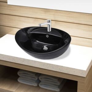 VidaXL Ceramic Bathroom Sink Basin Faucet/Overflow Hole Black Oval
