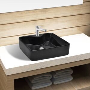 VidaXL Ceramic Bathroom Sink Basin with Faucet Hole Black Square