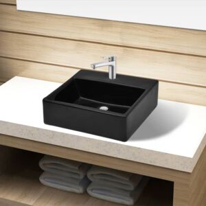 VidaXL Ceramic Bathroom Sink Basin with Faucet Hole Black Square