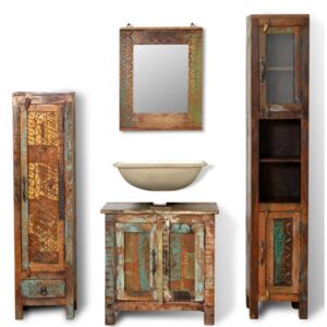 VidaXL Reclaimed Solid Wood Vanity Cabinet Set with Mirror & 2 Side Cabinets