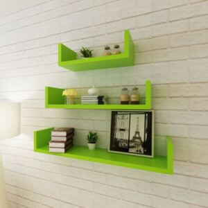 VidaXL 3 Green MDF U-shaped Floating Wall Display Shelves Book/DVD Storage