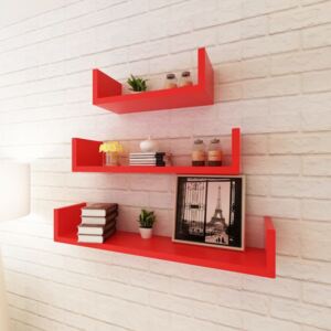 VidaXL 3 Red MDF U-shaped Floating Wall Display Shelves Book/DVD Storage