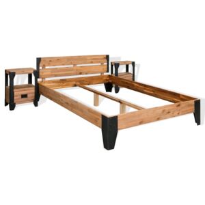 VidaXL Bed Frame with 2 Nightstands Solid Acacia Wood Steel 140x200 cm