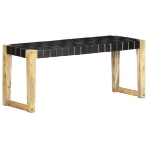 VidaXL Bench 110 cm Black Real Leather and Solid Mango Wood