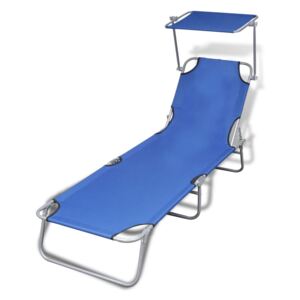 VidaXL Folding Sun Lounger with Canopy Steel and Fabric Blue
