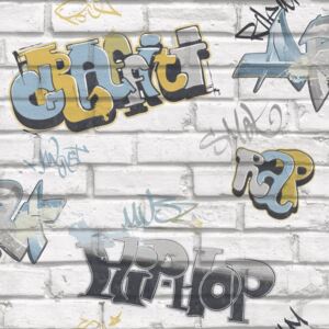 Urban Friends & Coffee Wallpaper Graffity Grey and Blue