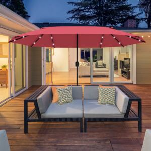 Outsunny 4.4m Double-Sided Sun Umbrella Garden Parasol Patio Sun Shade Outdoor with LED Solar Light Wine Red