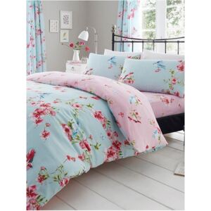 Birdie Blossom Floral King Size Duvet Cover and Pillowcase Set - Blue
