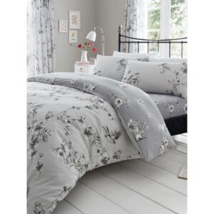 Birdie Blossom Floral Double Duvet Cover and Pillowcase Set - Grey