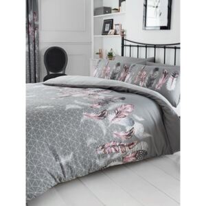 Geometric Feathers Double Duvet Cover and Pillowcase Set - Grey