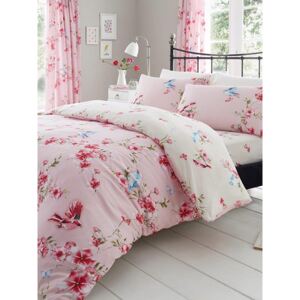 Birdie Blossom Floral King Size Duvet Cover and Pillowcase Set - Pink