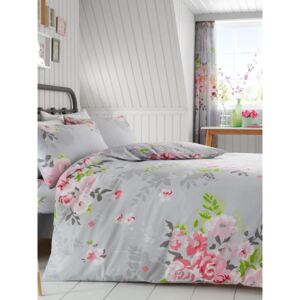 Alice Floral Double Duvet Cover and Pillowcase Set - Grey and Pink