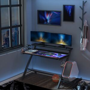 HOMCOM LED Breathing Lights Gaming Table Double-layer Tabletop Computer Desk Metal Frame with Host Support Board, Cup Holder, Headphone Hook, Black