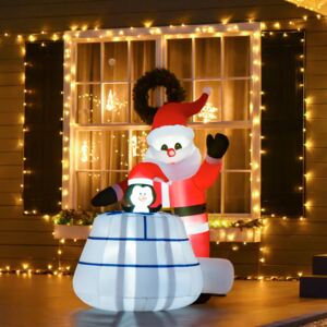 HOMCOM 1.6m Christmas Inflatable Santa Claus and Penguin with Ice House Built-in LED Blow Up Decoration Outdoor, Xmas Decor for Holiday Party Garden