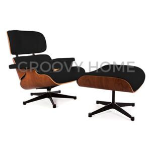 Eames Style Contemporary Leather Lounge Chair & Ottoman Stool Walnut w/ Silver Base