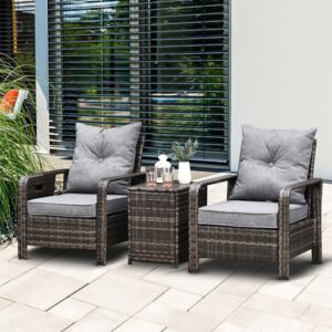 Outsunny 3 PCs PE Rattan Garden Furniture Patio Bistro Set 2 Wicker Chairs with Cushions and Coffee Table with Storage Outdoor Grey