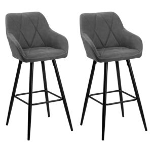 Set of 2 Bar Stool Grey Fabric Upholstered With Arms Quilted Backrest Black Metal Legs Beliani