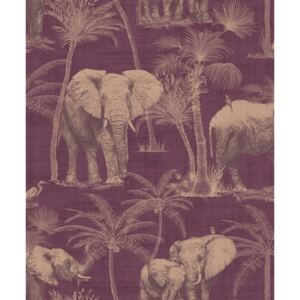 Arthouse Elephant Grove Jungle Embossed Metallic Aubergine Wallpaper Sample