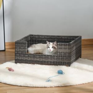 PawHut Rattan Dog Cat Bed Four Feet Pet House Hand-knitted Metal Small Animal Sofa Rattan with Soft Machine Washable Cushion Indoor White-gray 61L x 46W x 27H cm