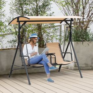 Outsunny 2-Seater Swing Chair Steel Frame Adjustable Canopy Sling Seats w/ Middle Table Cup Holders Heavy Duty Outdoor Garden Patio- Beige