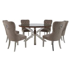 Chennai Round Table and 6 Quilted Chairs Dining Set - Brown