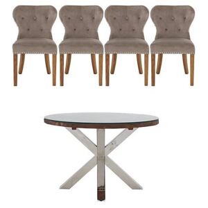 Chennai Round Table and 4 Upholstered Chairs Dining Set - Brown