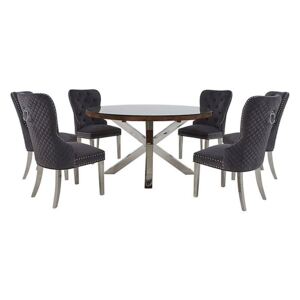 Chennai Round Table and 6 Quilted Chairs Dining Set - Grey