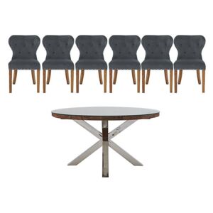 Chennai Round Table and 6 Upholstered Chairs Dining Set - Grey