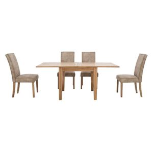 Furnitureland - California Flip Top Solid Oak Extending Table and 4 Faux Suede Chairs - Beige