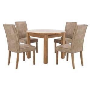 Furnitureland - California Round Solid Oak Extending Dining Table and 4 Faux Suede Dining Chairs
