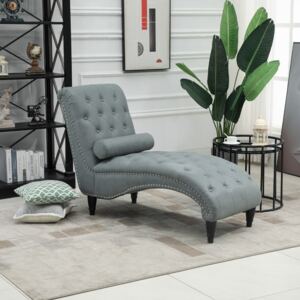 HOMCOM Tufted Chaise Longue Modern Recliner Upholstered Leisure Sofa Chair with Pillow for Living Room, Bedroom, Grey