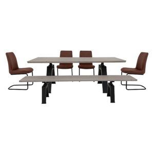 Thor Dining Table, 4 Cognac Dining Chairs and Dining Bench Dining Set - Grey